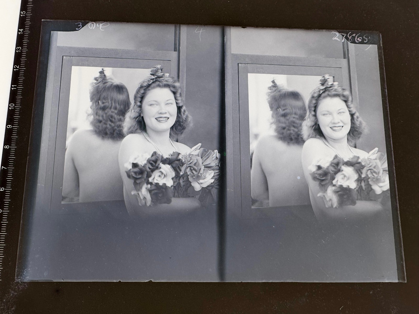 Vintage B/W Glass Stereo Negative Of Pretty Debutante