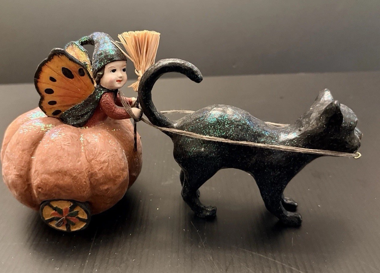 Mary Engelbreit Bethany Lowe Pumpkin Chariot Cat Fairy Halloween Vintage