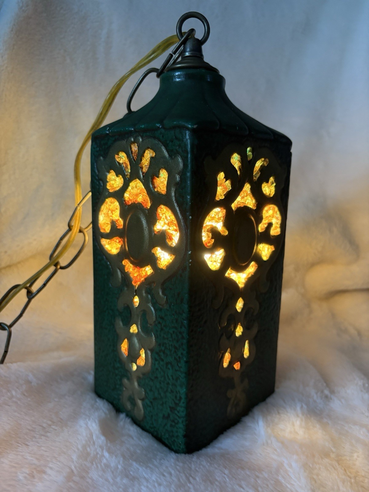 Vintage MCM Hollywood Regency Green Ceramic Swag Lamp Crushed Slag Chunk Glass