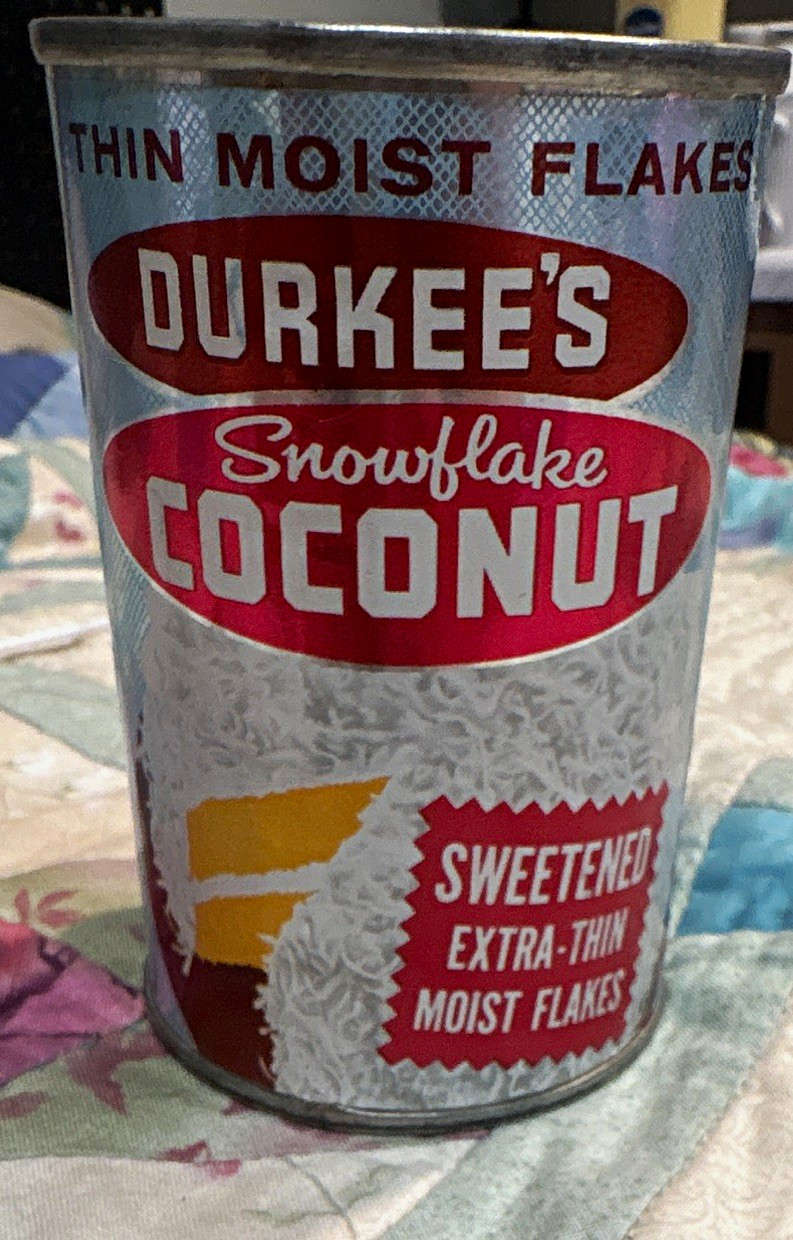 Durkee\'s Snowflake Coconut Thin Moist Flake Advertising Tin Can 50s unopened vtg