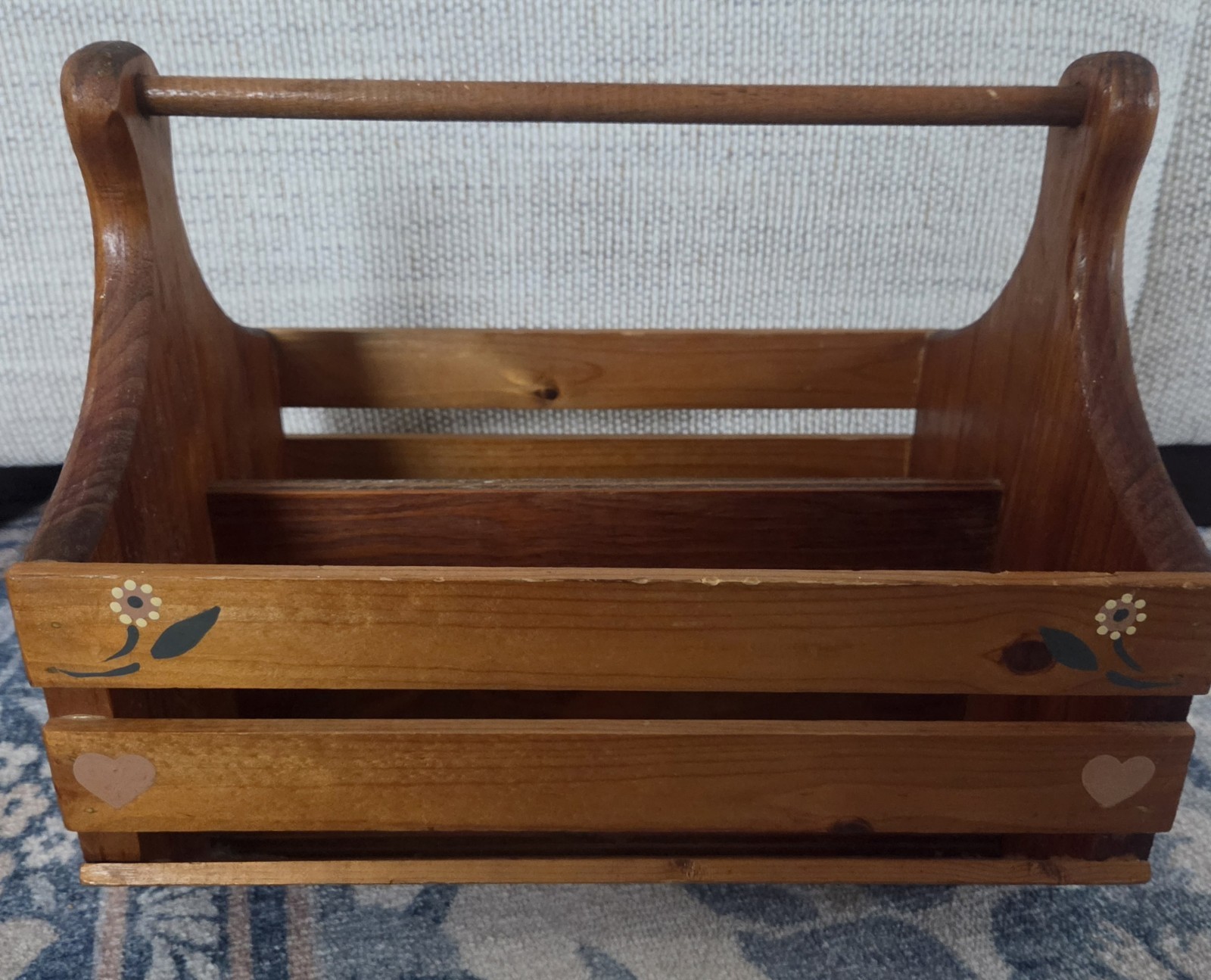 Vintage Hand Painted Wooden Slatted Caddy Tote Hearts Daisies Country Farmhouse