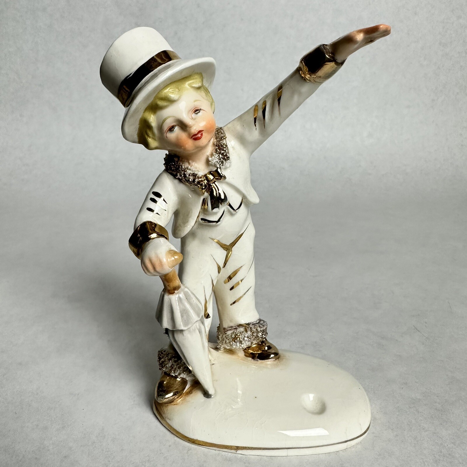 Vtg Newcomb College? Ceramic Boy Top Hat Umbrella Spaghetti Trim & Gold Figurine
