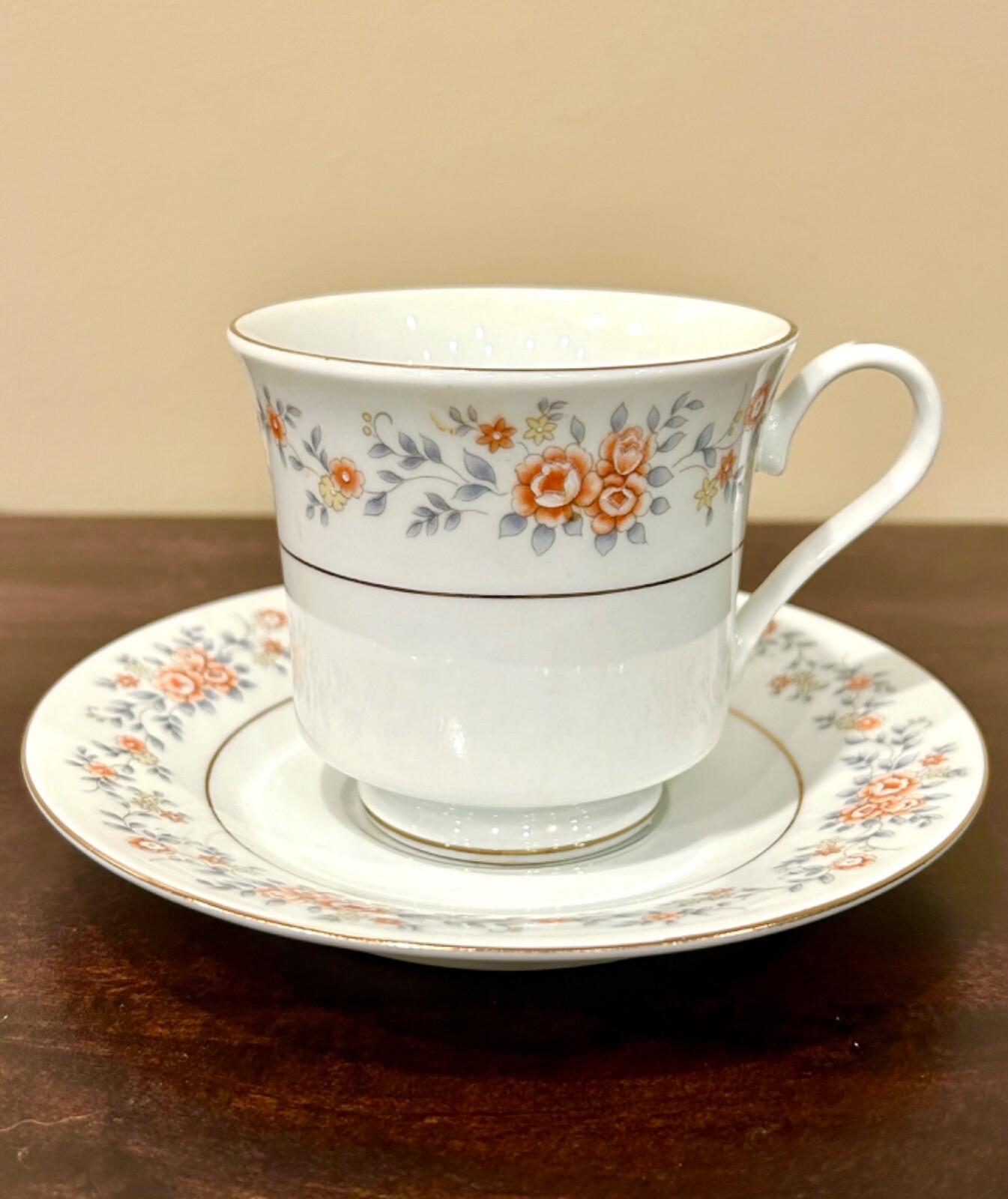 Vintage FTDA 1987 Footed Tea Cup & Saucer Set, White Silver Band, Orange Floral.