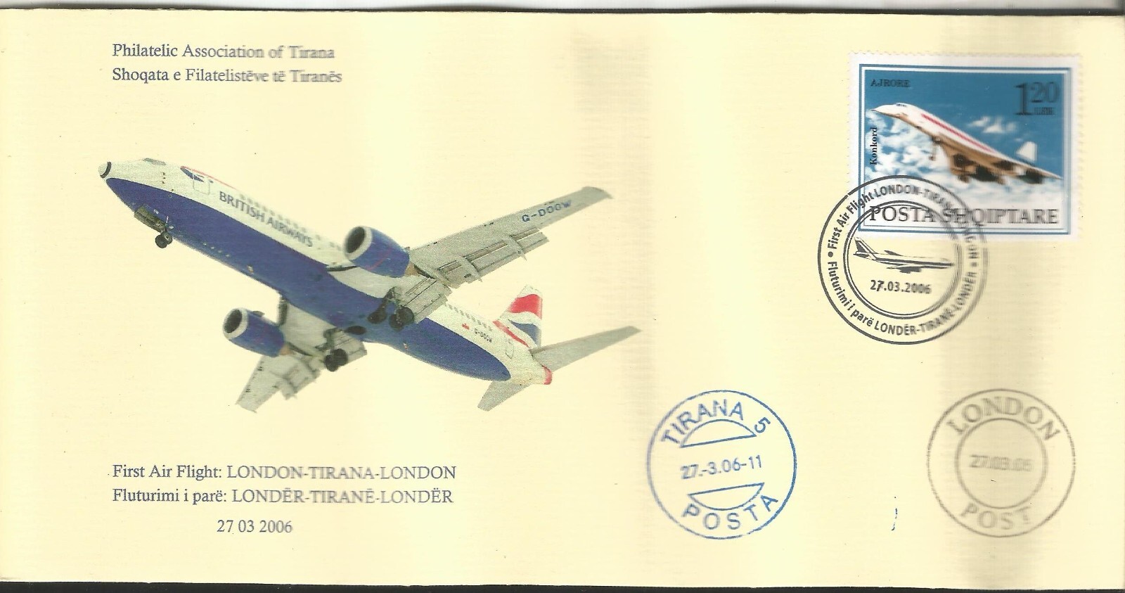Albania Albanien 2006 Philatelic Cover First Flight London Tirana Airmail Stamp