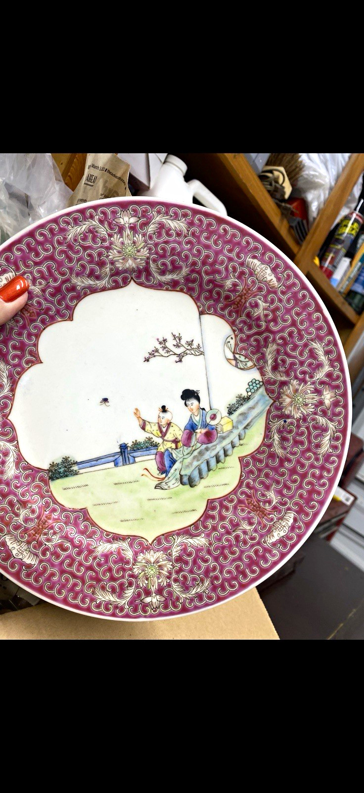 Chinese Porcelain Famille Rose Plate Figural Children Scene Pink Floral Border