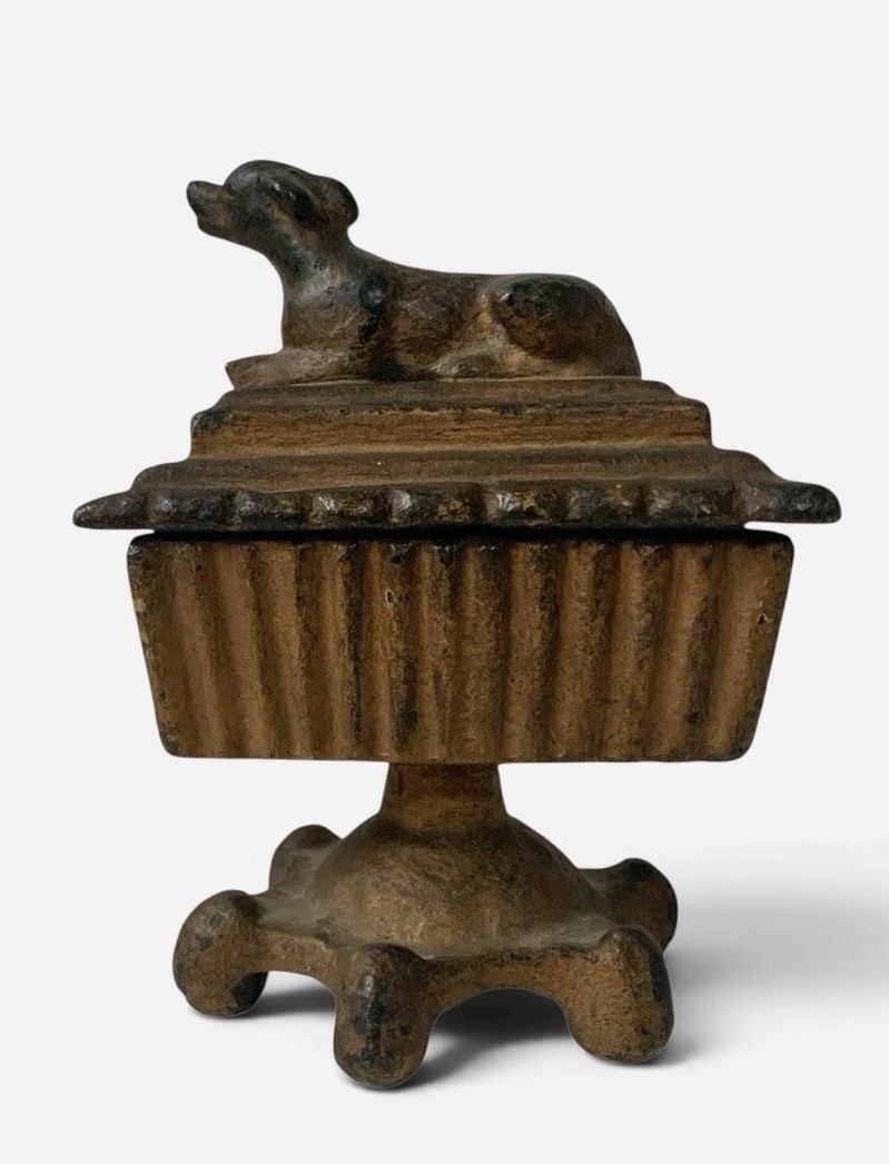 Antique Victorian Cast Iron Dog Pedestal Match Trinket Box