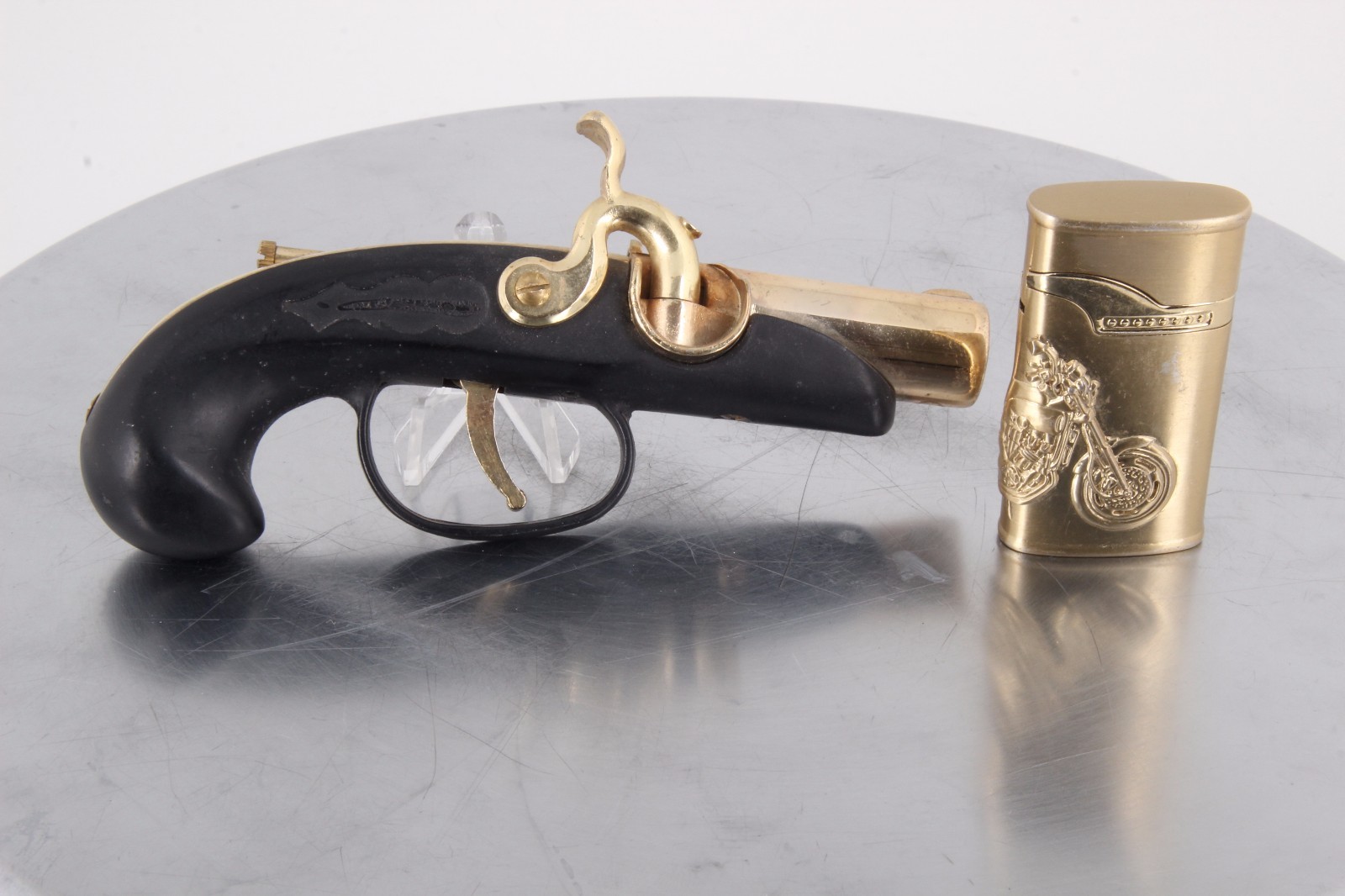 SET OF TWO LIGHTERS DERRINGER PISTOL TABLE GUN & MOTORCYCLE DESIGN 2217B