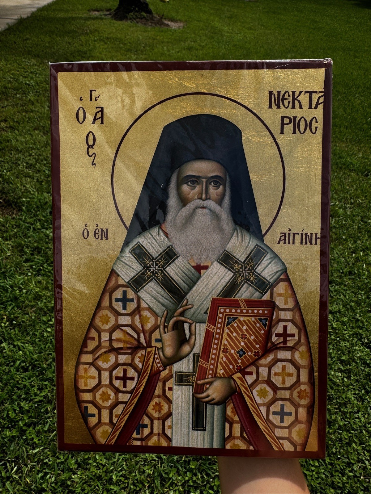 Saint Nektarios of Aegina Orthodox Icon Flat Wood 18kt Gold Leaf