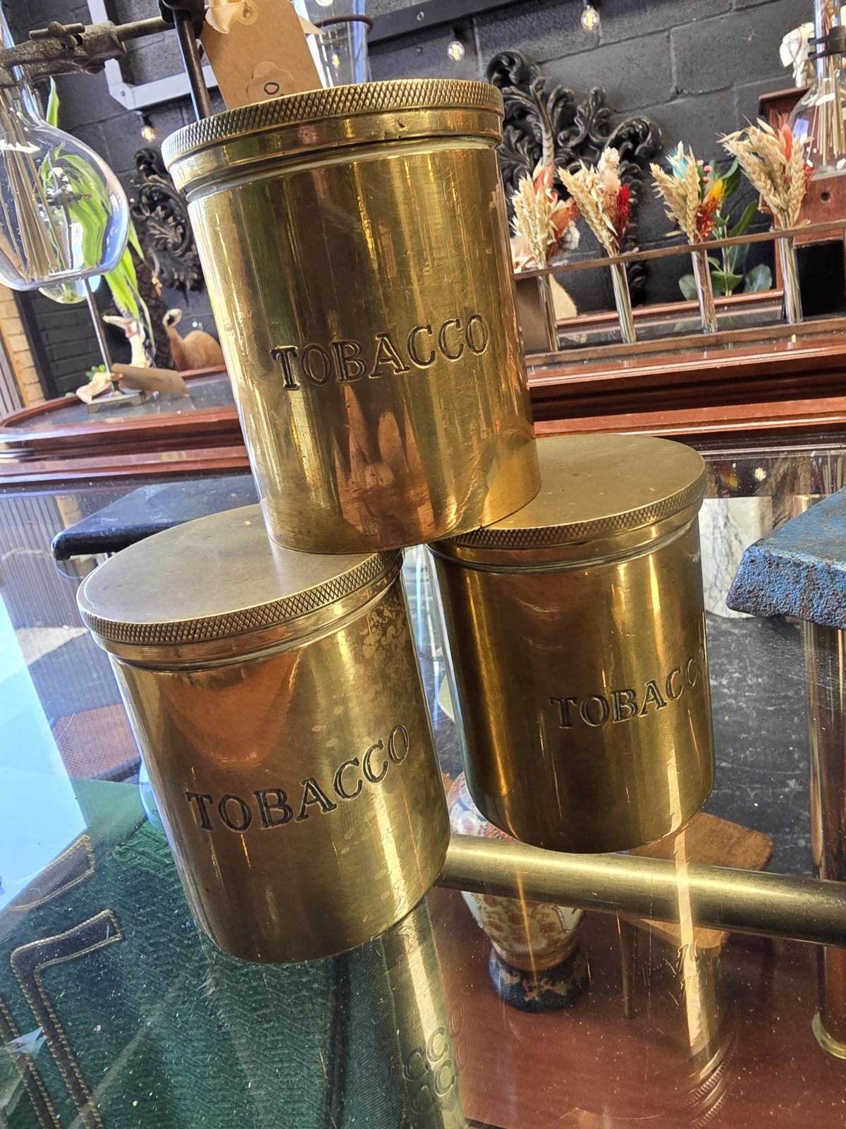 Antique Brass Tobacco Screw Lid Jars Set of 3 Tobacconist Smoking Room Caddies