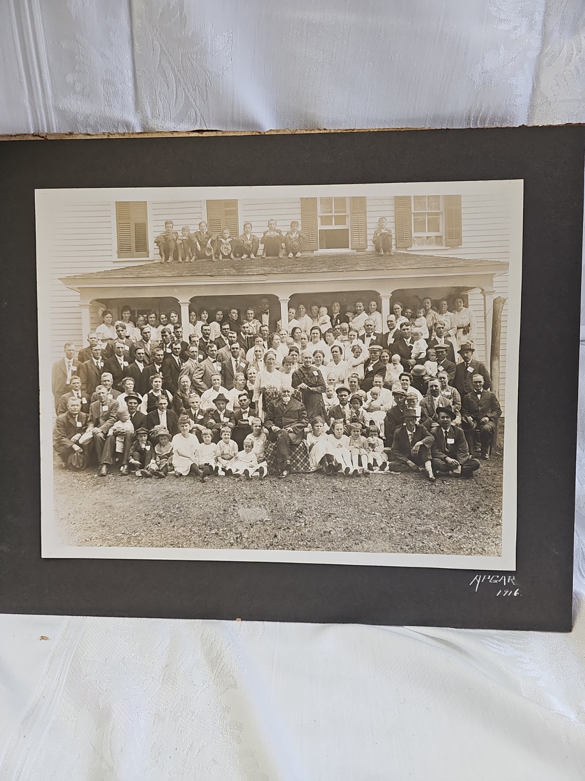 1916 Family Reunion Large Family Gathering Real Photo Sepia Matted 17\