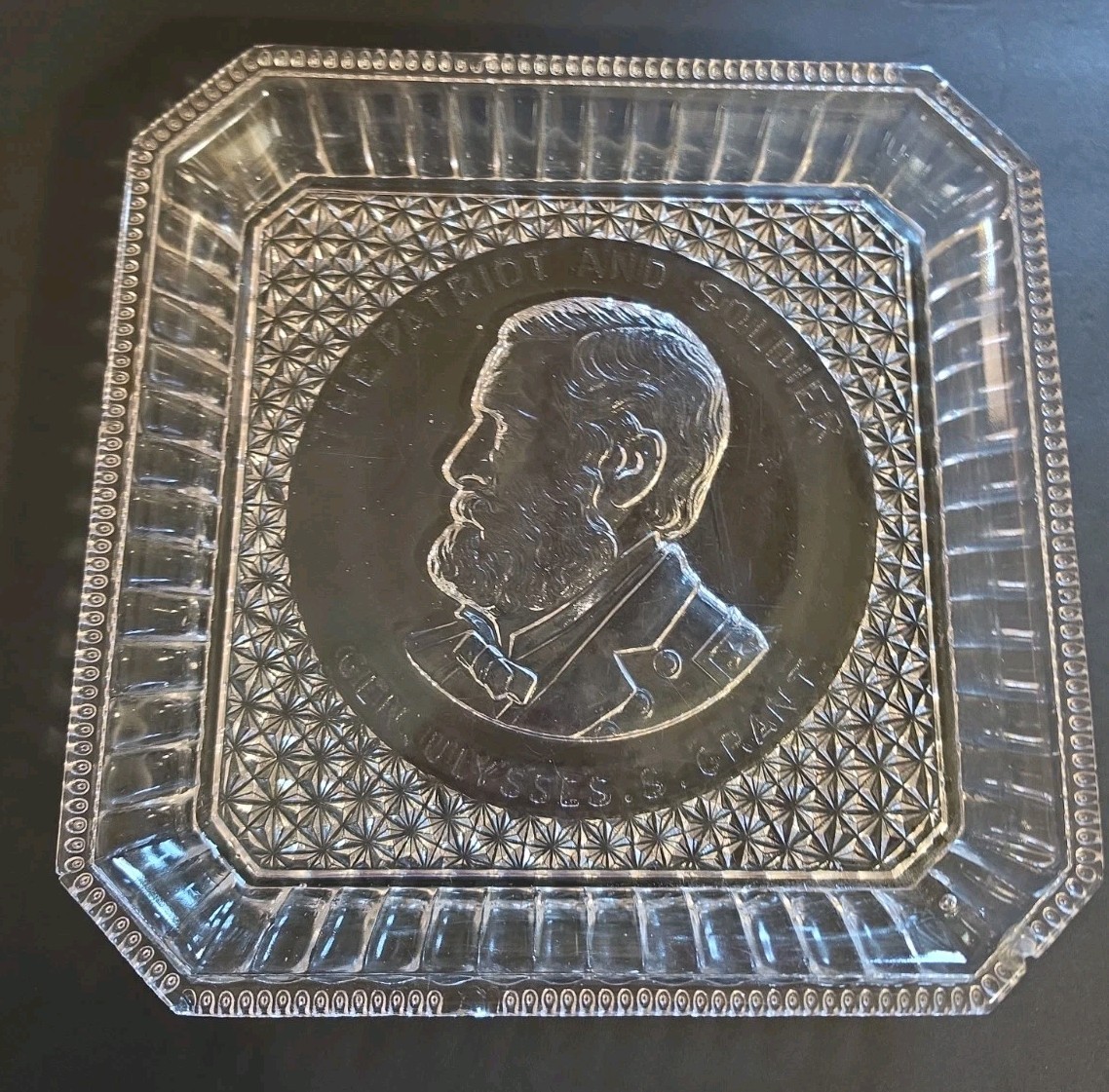 U.S. Ulysses S. Grant Patriot and Soldier Square Glass Plate EAPG Bryce Higbee  