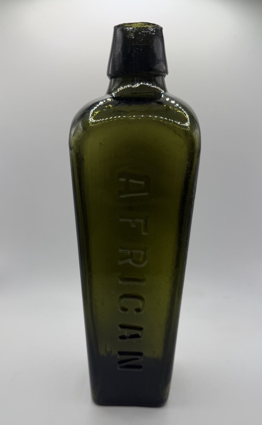 Vintage 1890s ~  AFRICAN T Co. Ltd GIN BOTTLE ~ OLIVE GREEN Antique Flower Vase