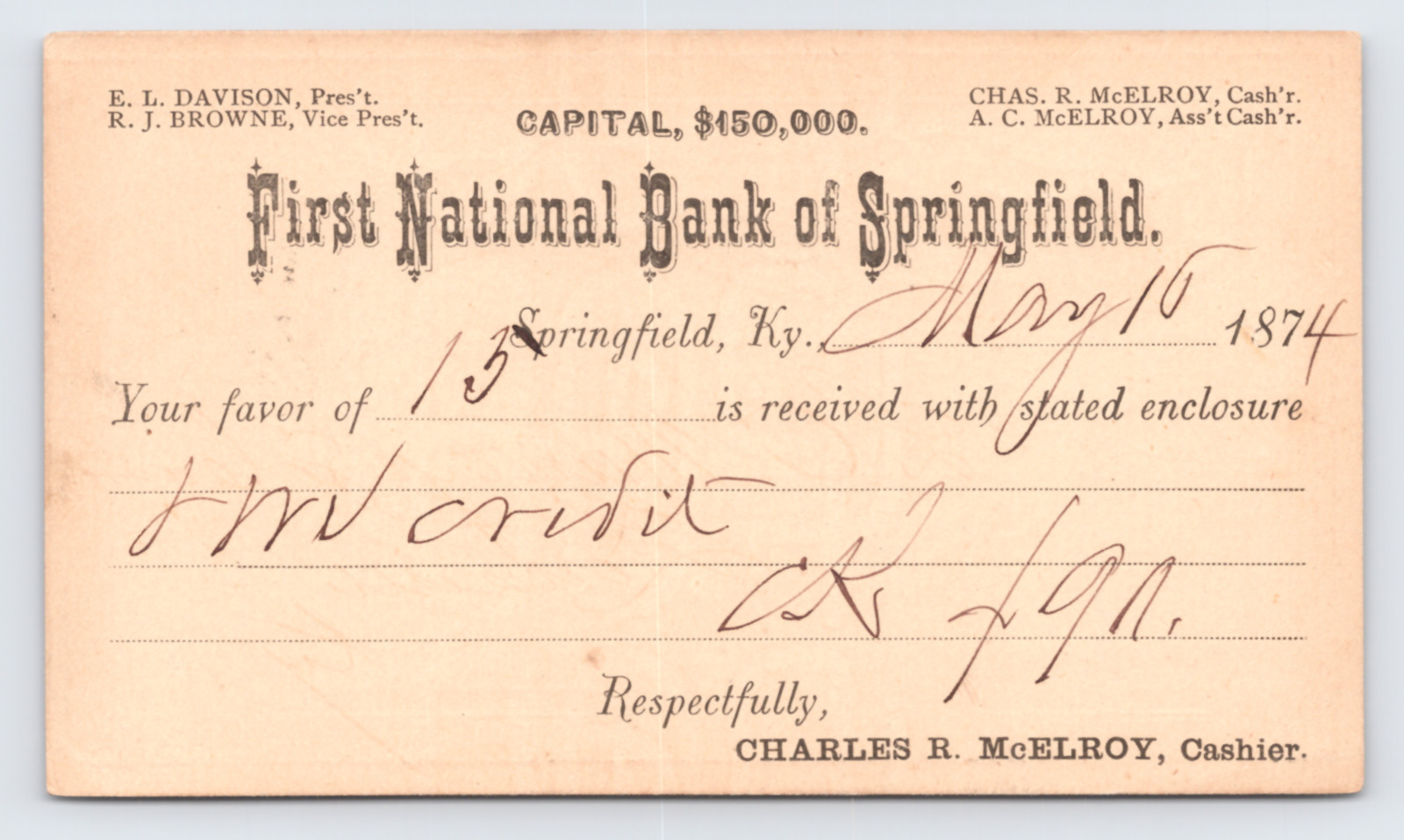 1874 First National Bank Springfield KY Postal Card to KY Nat Bank Louisville