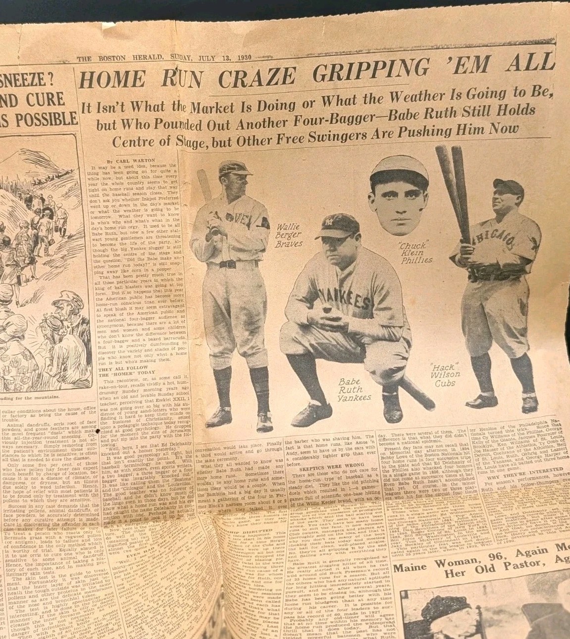 1930 Boston Newspaper Sports Page Babe Ruth Hits 3 Home Run Craze Willie Berger