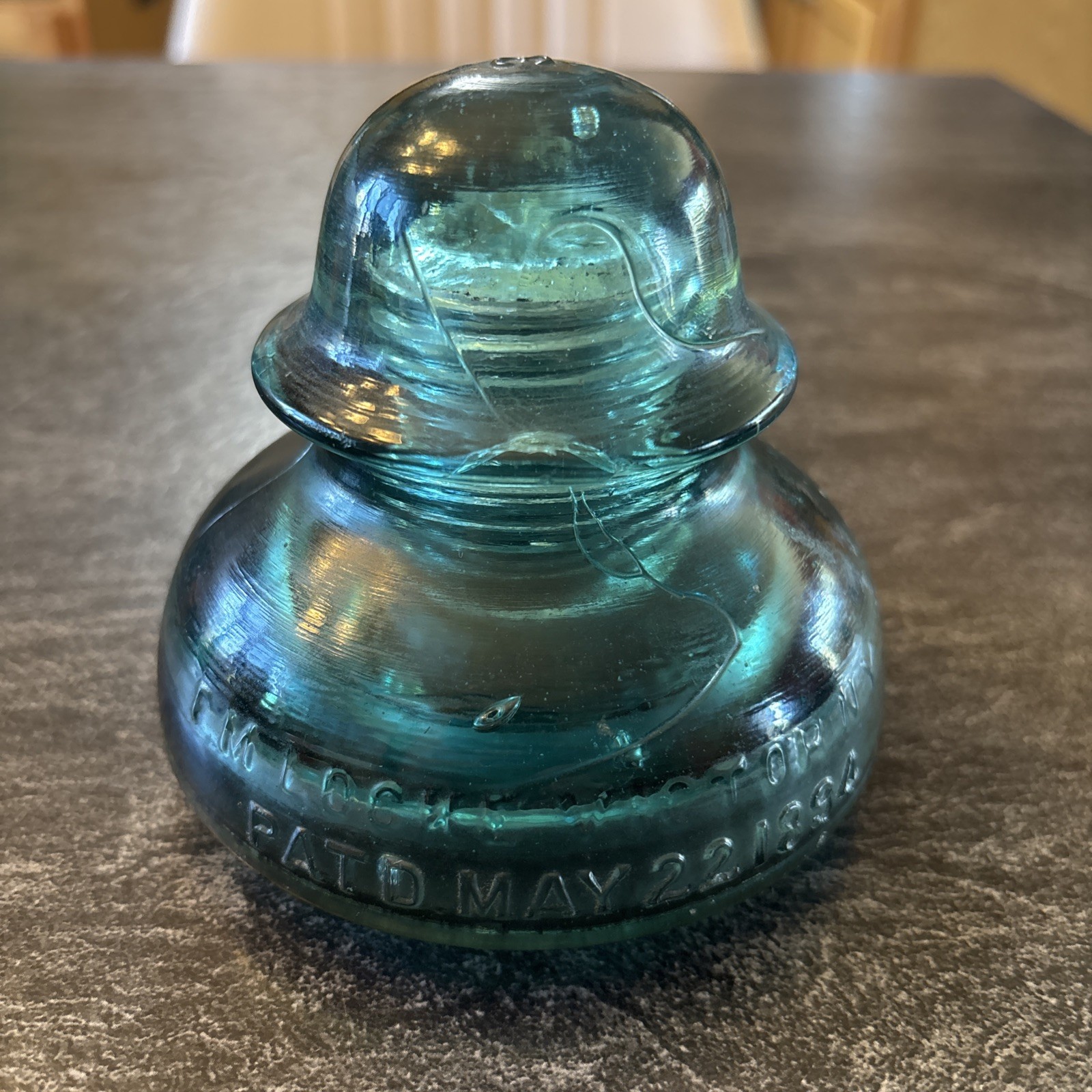 Antique F.M. Locke No 15 Teal Aqua Glass Insulator Dome 3 Bubbles LOC MM