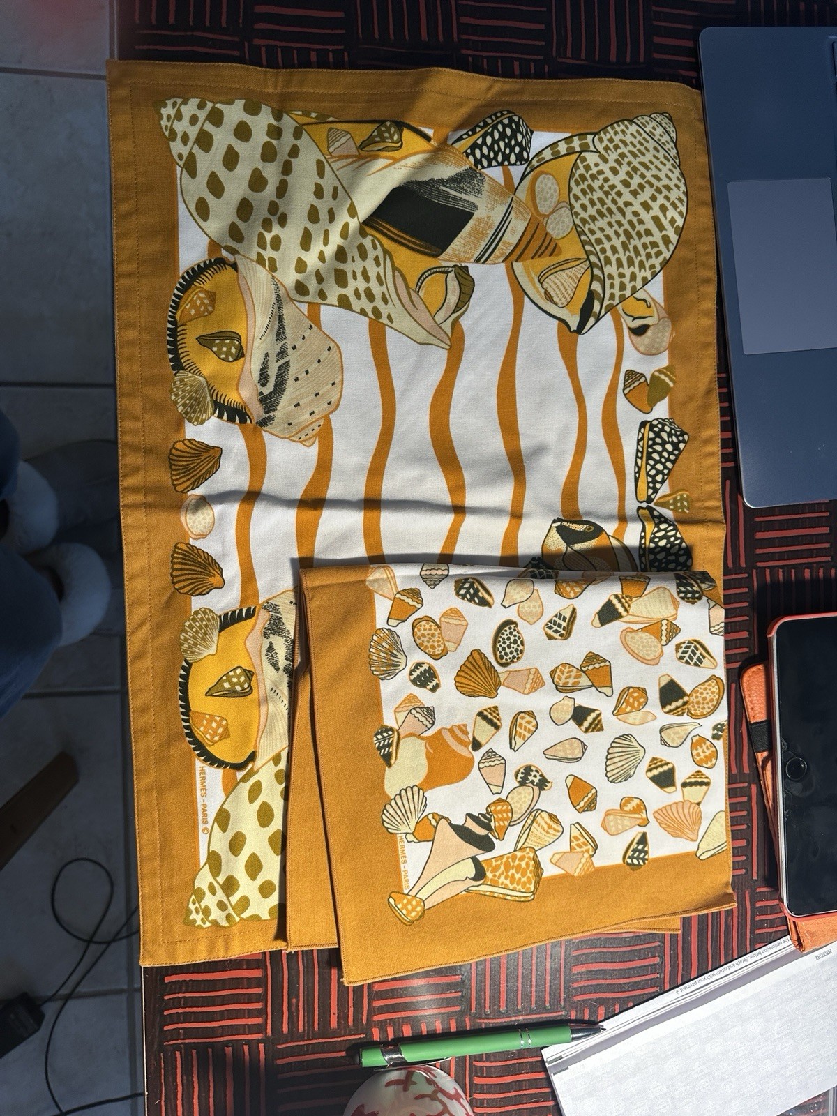 Vtg HERMES Paris Cotton Placemat & Napkin Set Nautical Mustard Ochre Sea Shell
