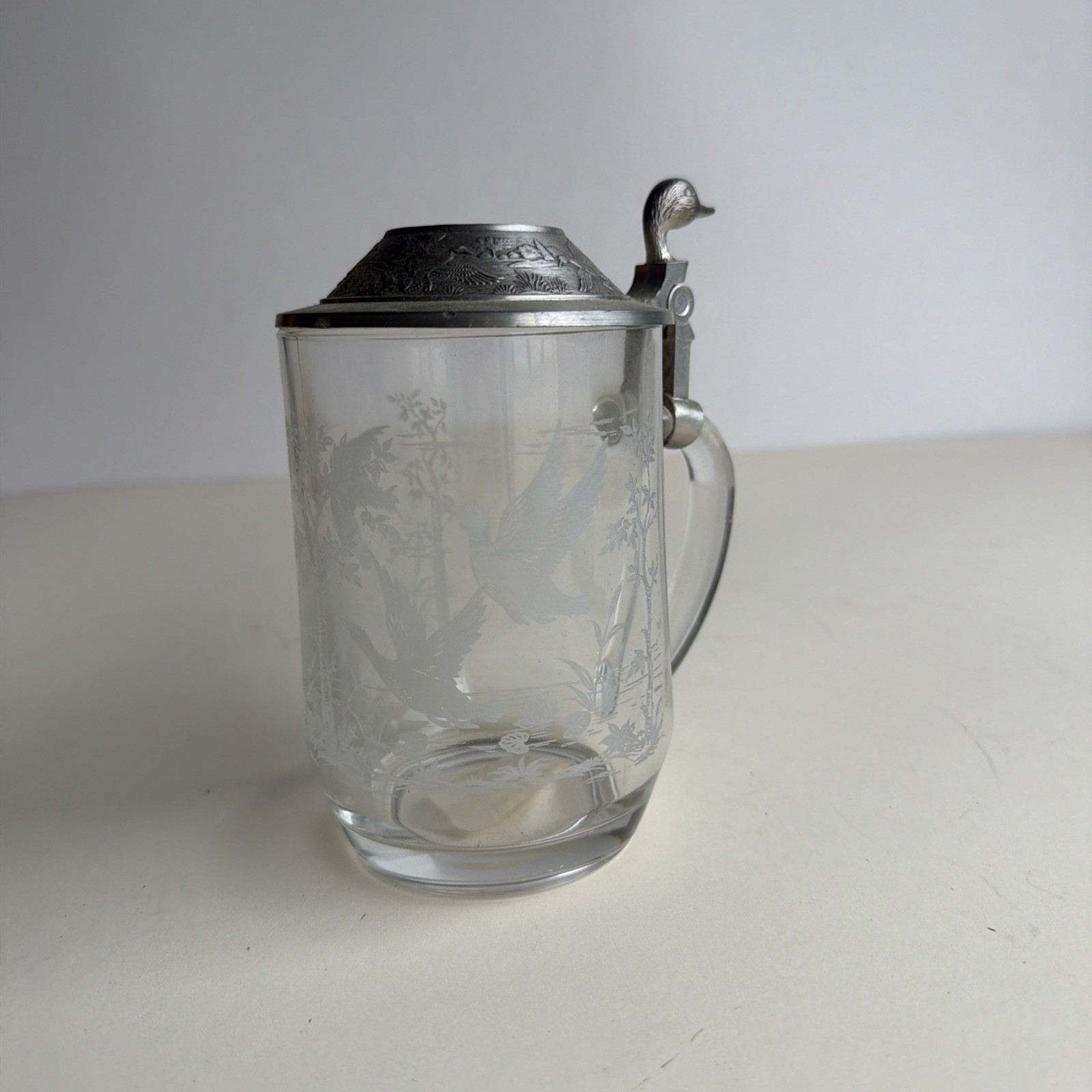 Vintage German Glass Beer Stein Pewter Lid Made in Western Germany Etched Mug