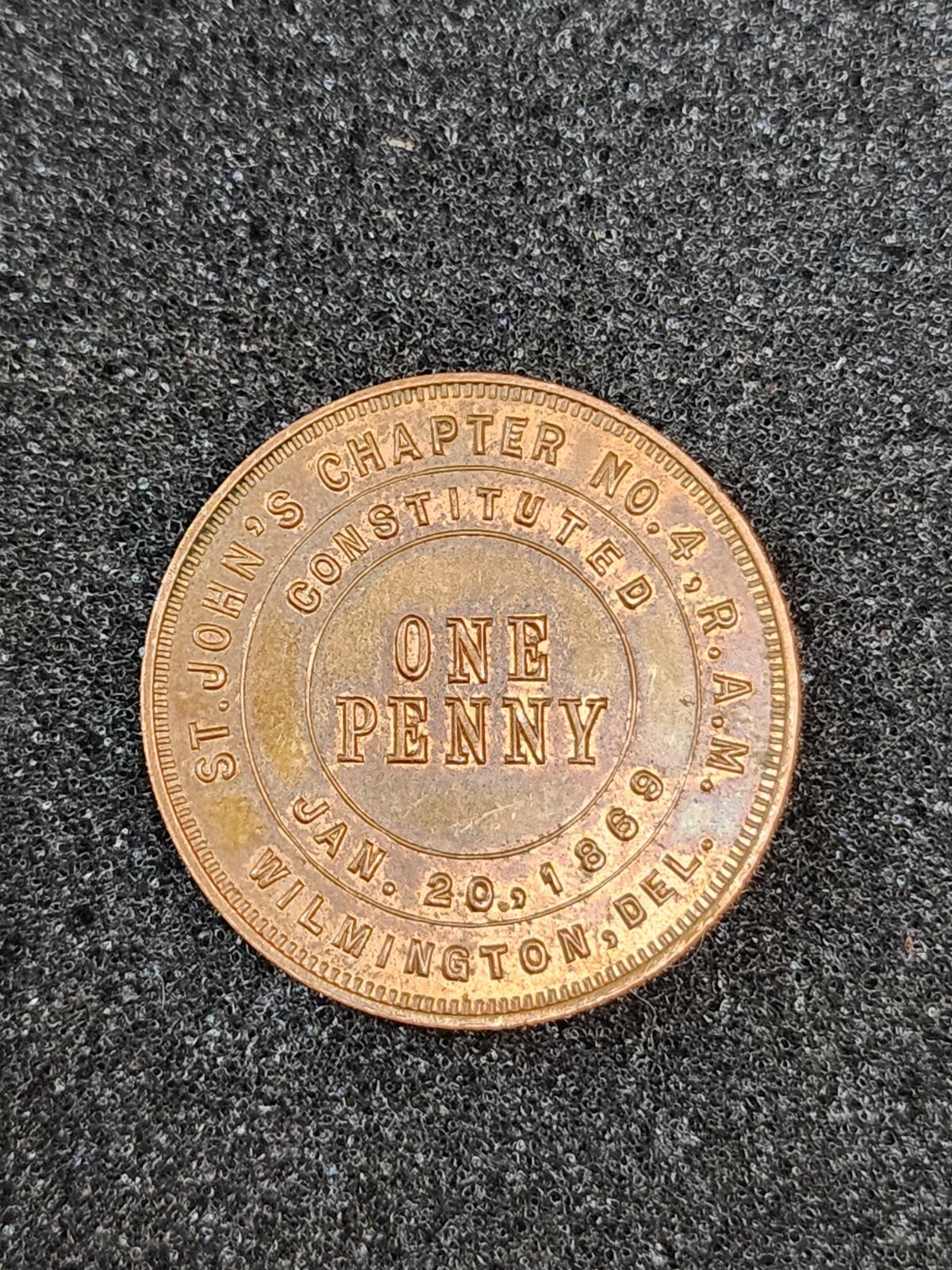 Massillon Wilmington, De Chapter No 4 Mason Masonic Penny Token 1869