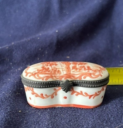Vintage French Porcelain Trinket Box, white orange hand painted