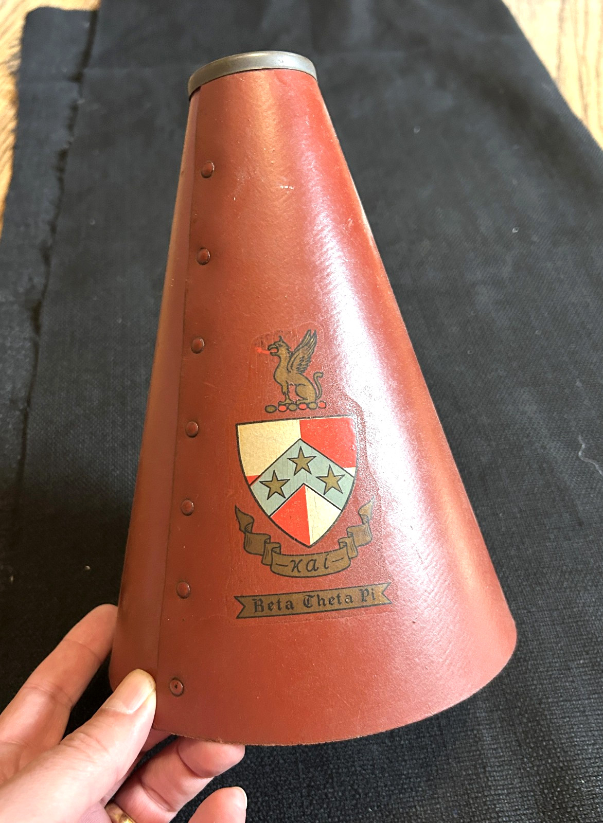 VINTAGE Beta Theta Pi fraternity small megaphone w/ crest & college seal - OLD