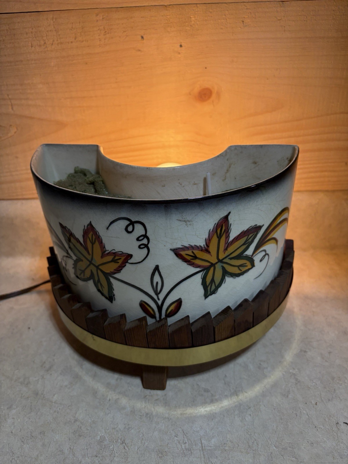 Vtg  MCM TV  Table Lamp Planter Pottery Ceramic Wood Metal Flowers Green Gold