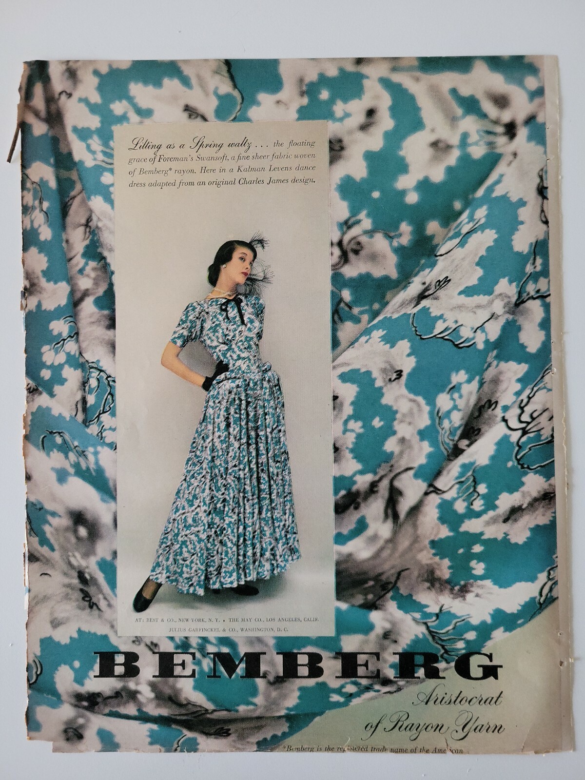 1948 women's Charles James Bemberg fabric dress vintage fashion ad