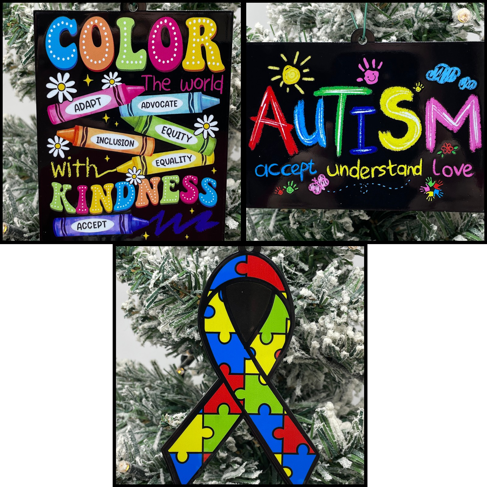 Autism Christmas Ornaments 3 Piece Set Color The World With Kindness Brand New