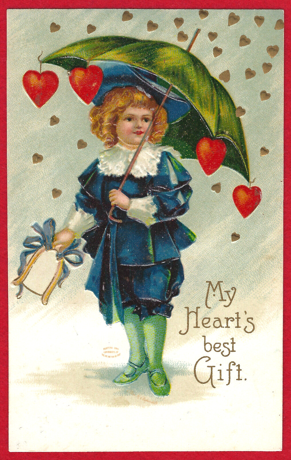 Vtg Clapsaddle Valentine Boy Fauntleroy Suit Umbrella Hearts A/S Emb PC c1907