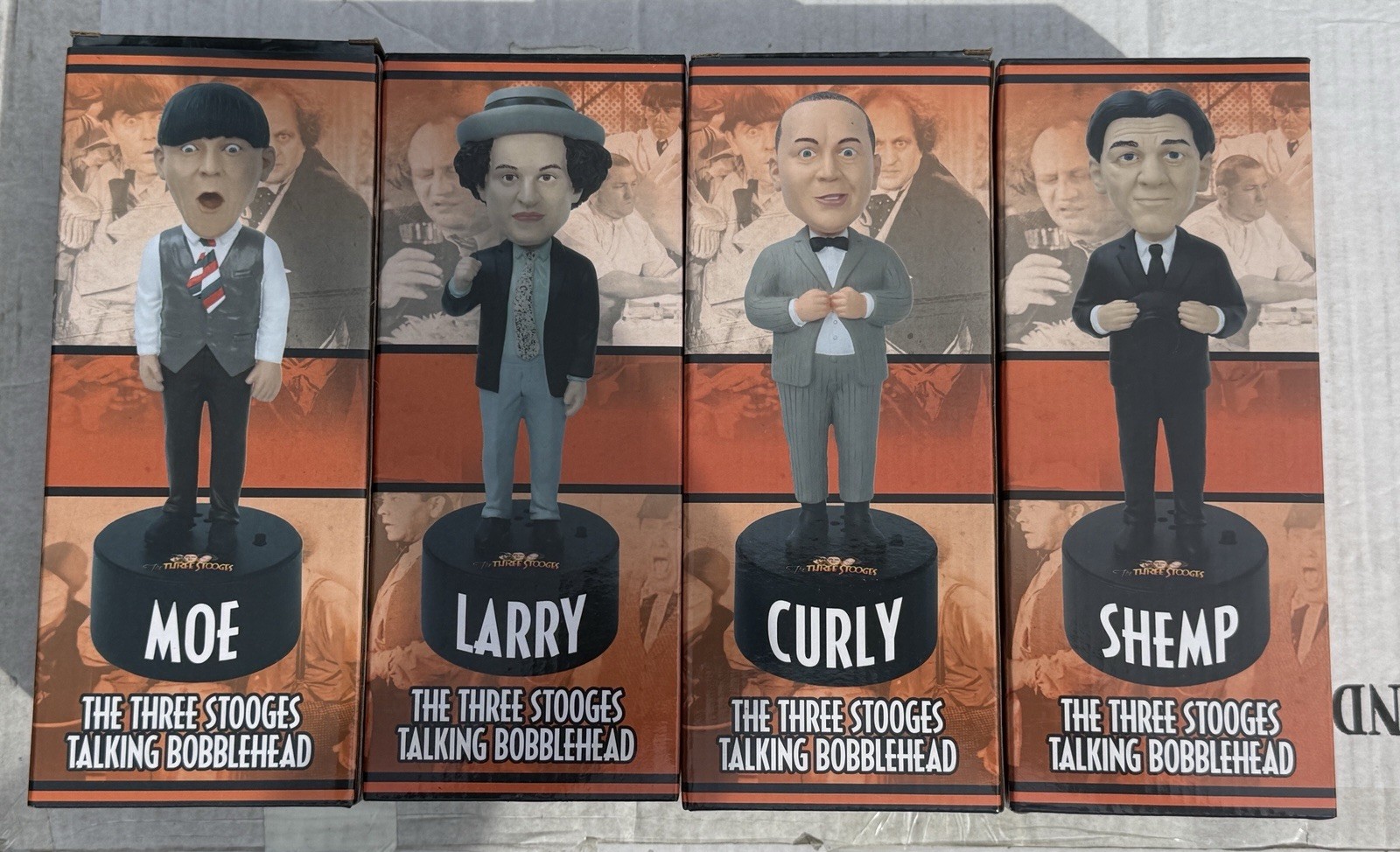 Three Stooges Talking Bobbleheads-Set of (4) Moe, Larry, Curly, Shemp-MINT