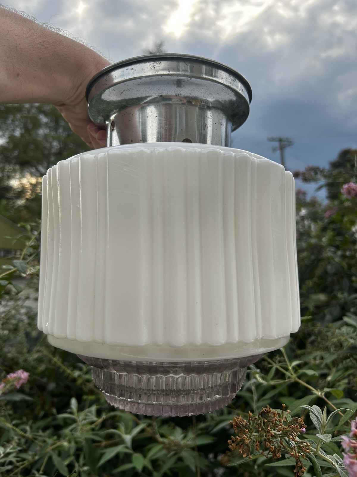 Antique 1930s Hanging Art Deco Milk Glass Skyscraper Ceiling Lamp Light Fixture