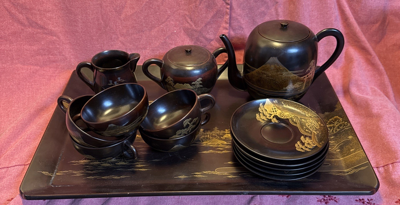 19th Century Zohiko of Kyoto Lacquered Tea Set, Brown And Gold