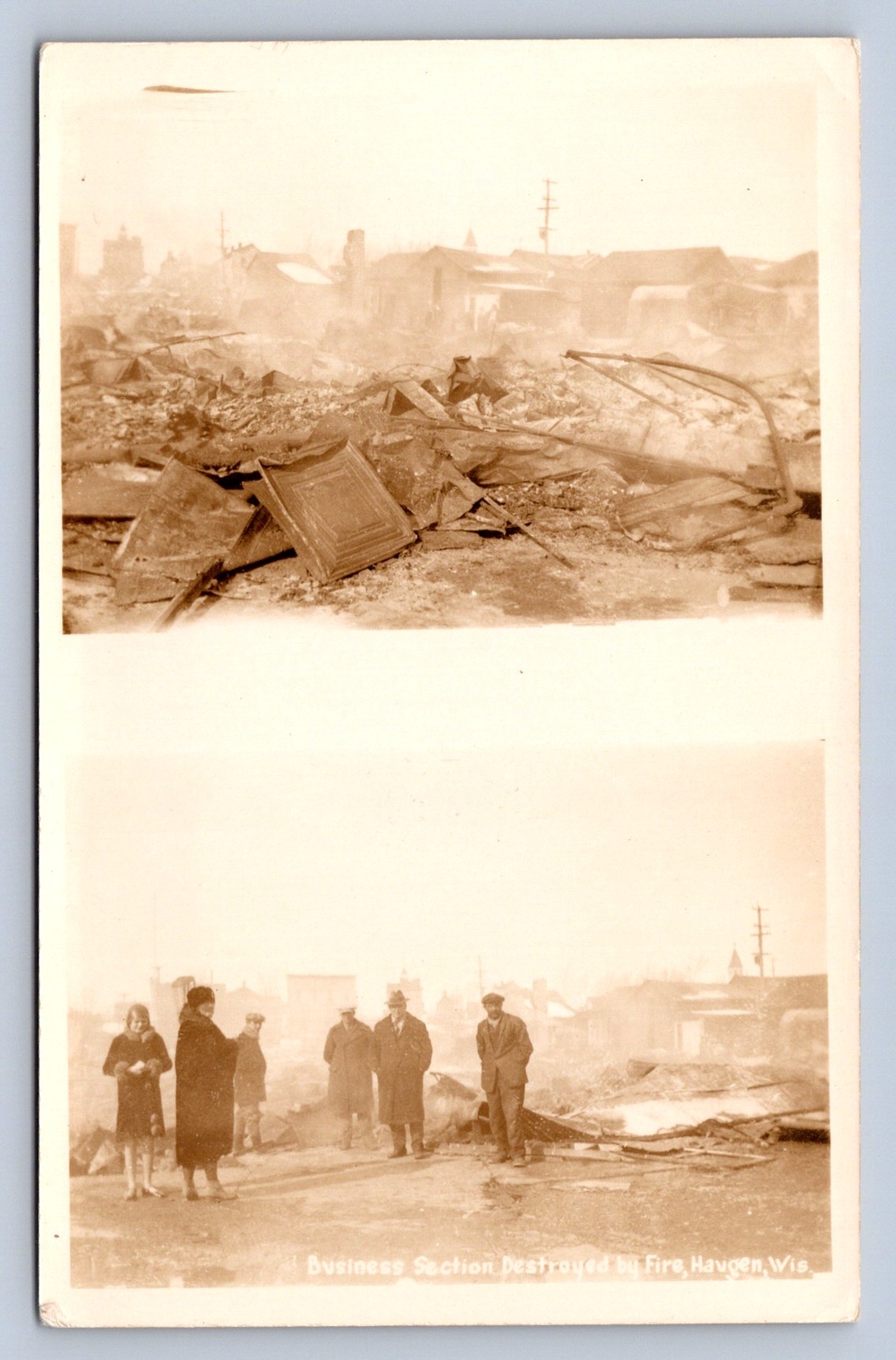 K5/ Haugen Wisconsin RPPC Postcard c1930s Fire Disaster 2View Stores 113