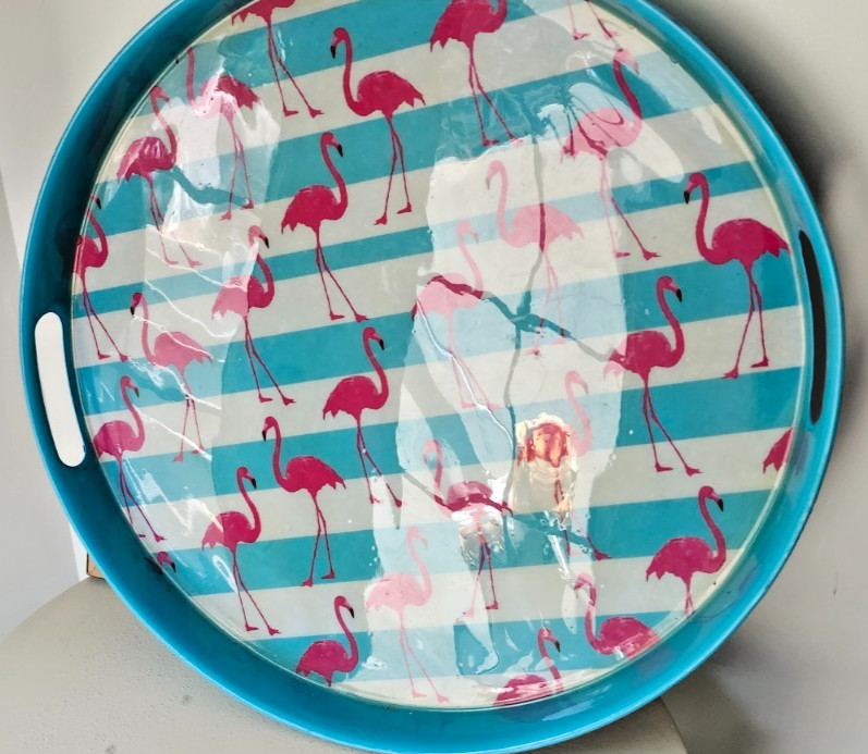 VTG 1950\'s STYLE TURQUOISE ROUND METAL BAR SODA FOUNTAIN SERVING TRAY FLAMINGOS 