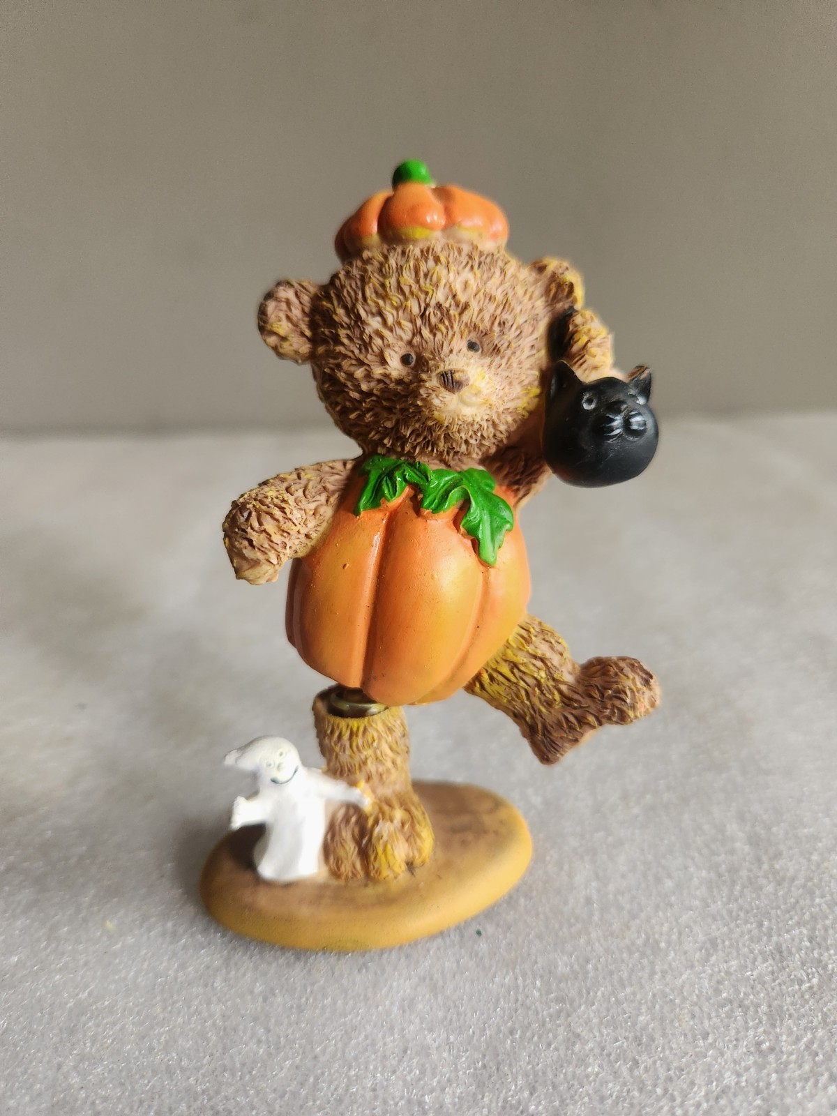 Halloween Teddy Bear Bobble Body Resin Figure • Dressed Like Pumpkin Trick or...