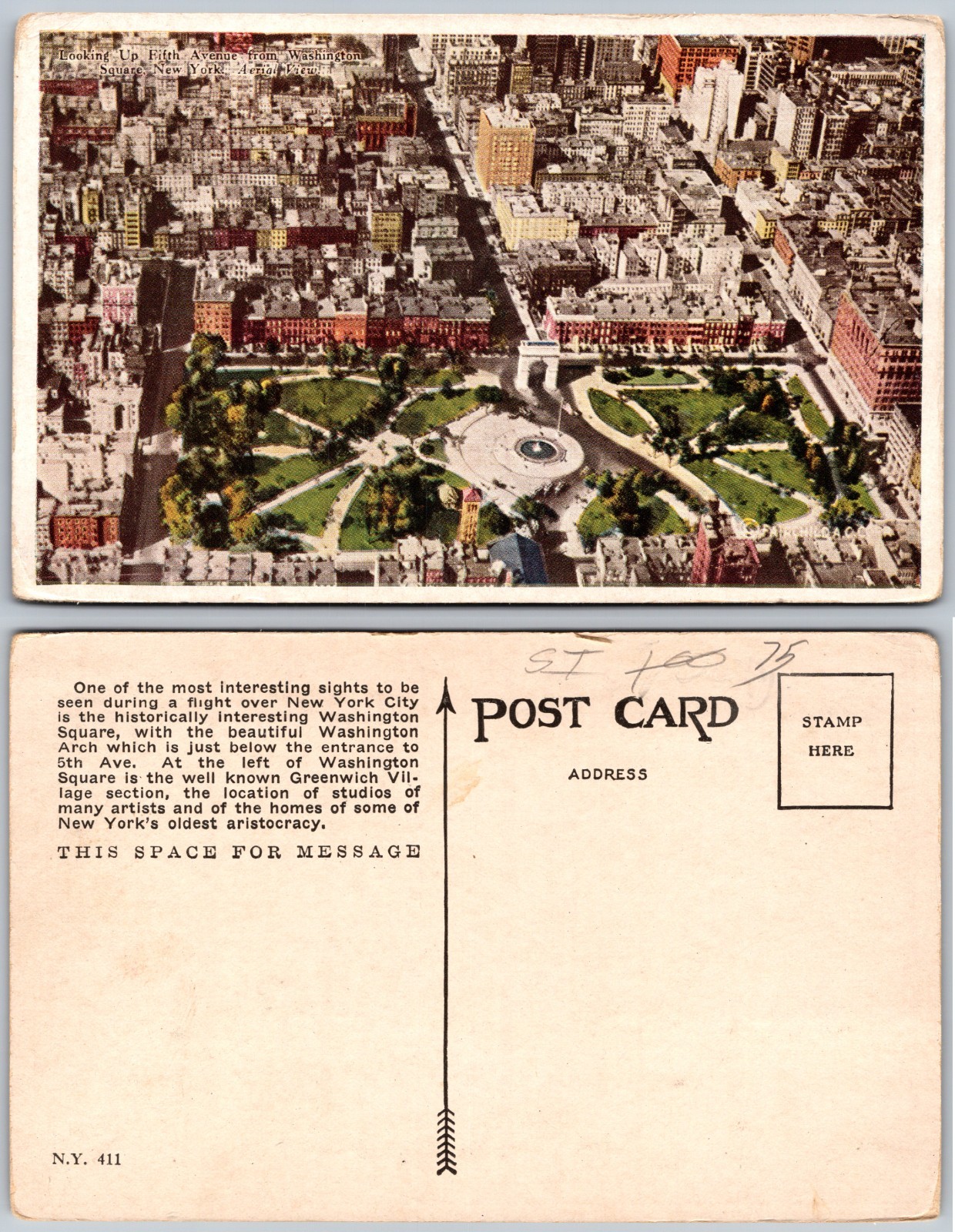 Washington Square New York City Aerial View Postcard