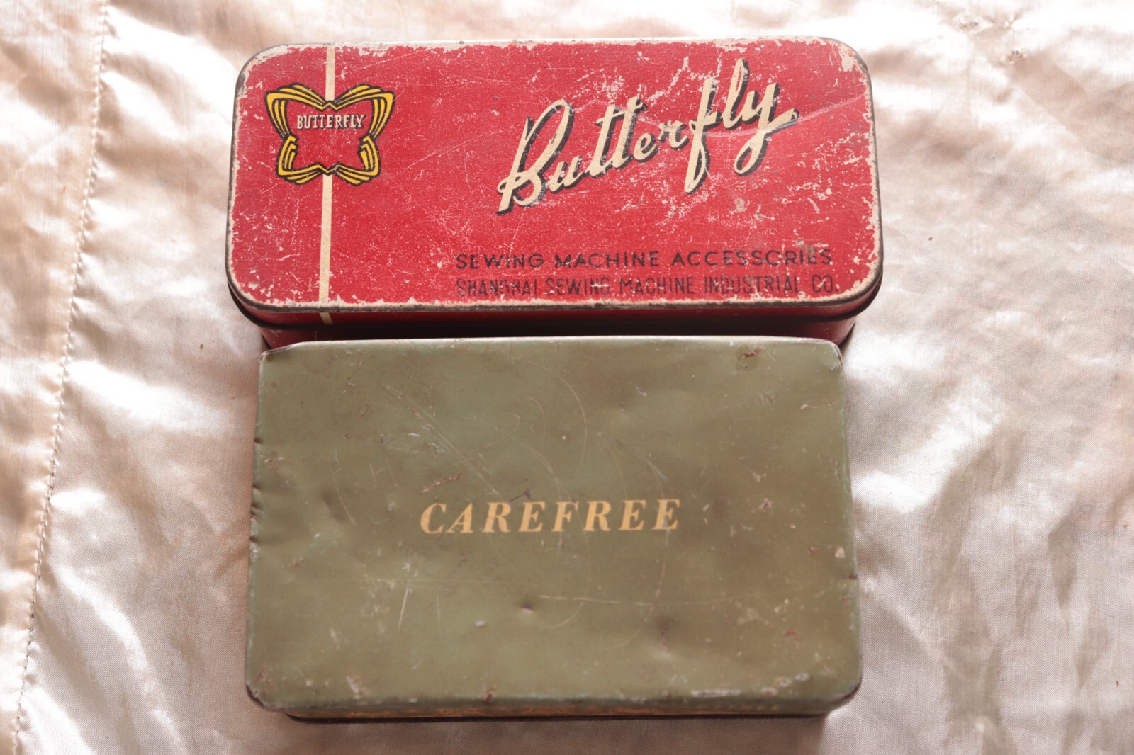 Vintage Set Two Tin Boxes Carefree & Butterfly Sewing Machine Accessories
