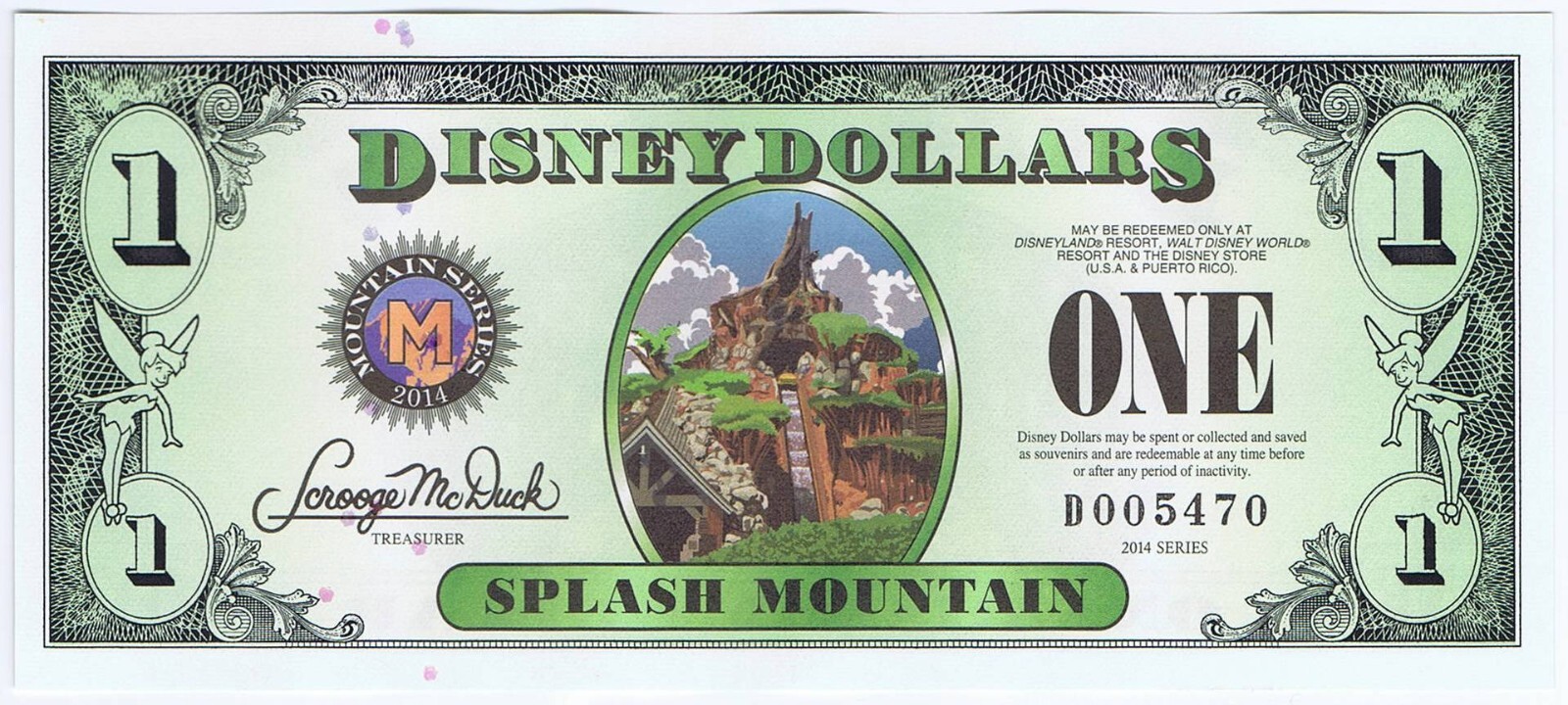 WDW 2014 $1 D RARE (FOUR) 4 Digit D005467 SPLASH MT MICKEY Disney Dollar Dollars