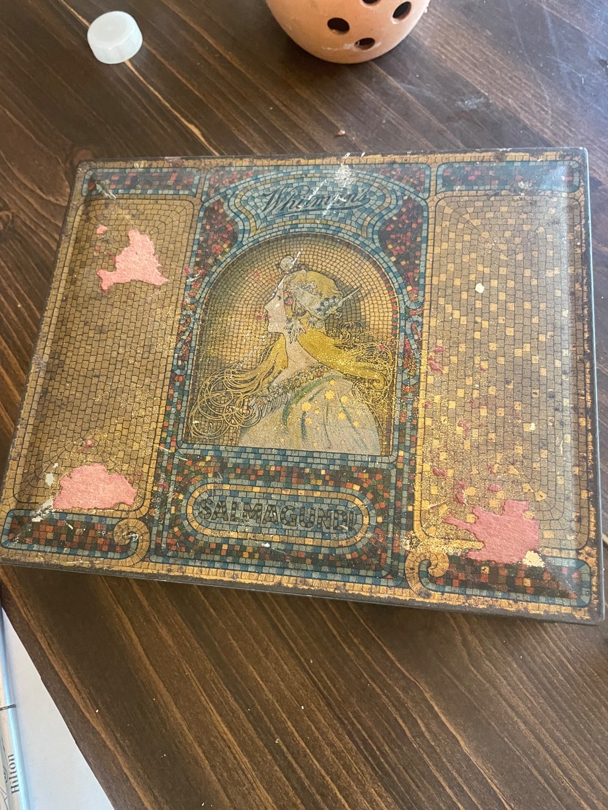 Vintage Whitmans Metal Chocolate Candy Tin Mosaic Box w/hinged lid Circa 1920’s