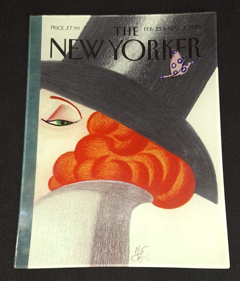 VTG JOHN DERIAN SIGNED GLASS NEW YORKER MAGAZINE ART DECO DECOUPAGE TRAY PLATE