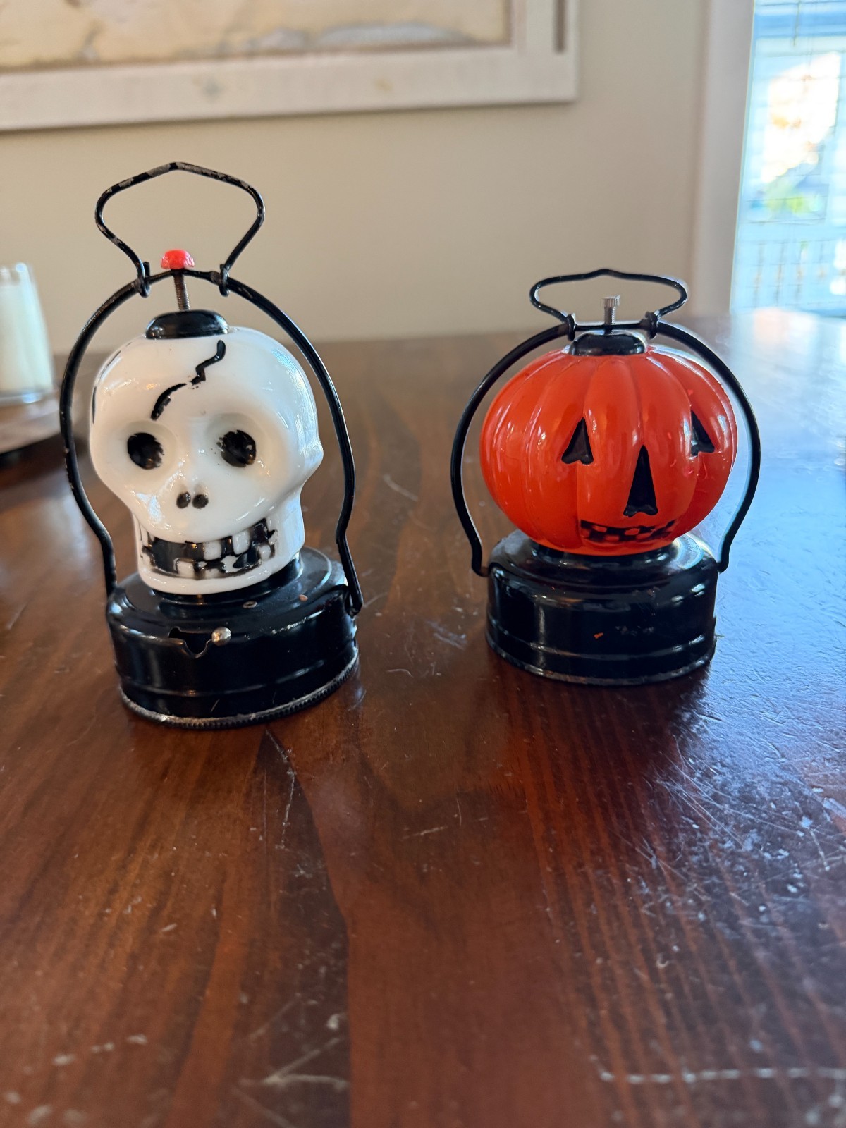 Vintage Mid-Century Light-Up Halloween Lantern Pair – Skeleton & Jack-O\'-Lantern
