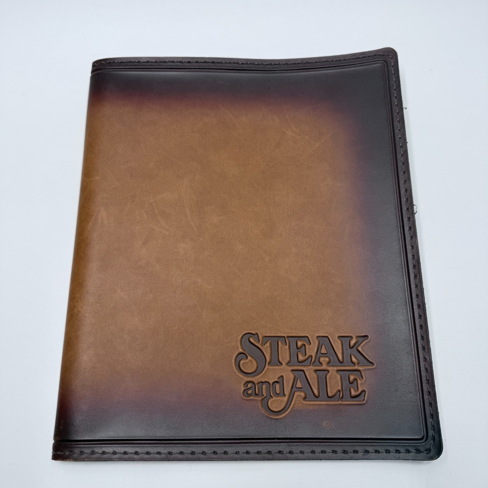 Vtg Steak And Ale Restaurant Menu Leather Cover 12x10 Embossed Brown Two Tone