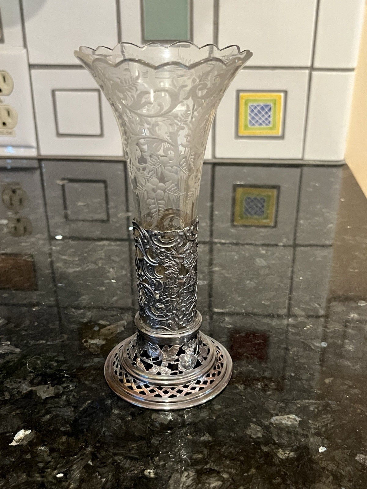 Antique German Full Silver Design With Etched Glass Trumpet Bud Vase, 7” Tall