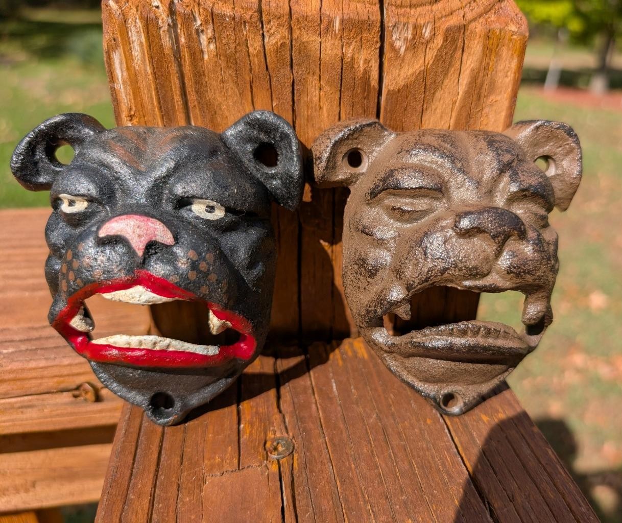 2 CAST IRON BULLDOG DOG WALL MOUNT SODA POP BEER BOTTLE OPENER BAR BARWARE
