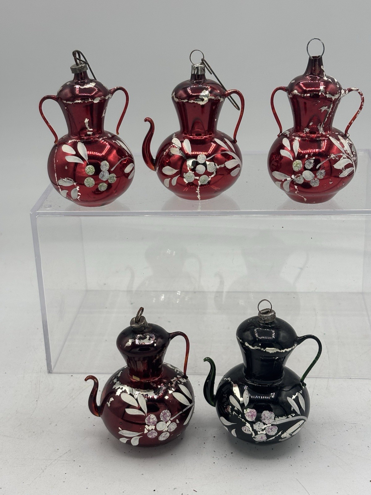 Lot Of 5 Antique German Coffee Teapot Mercury Glass Painted Christmas Ornaments