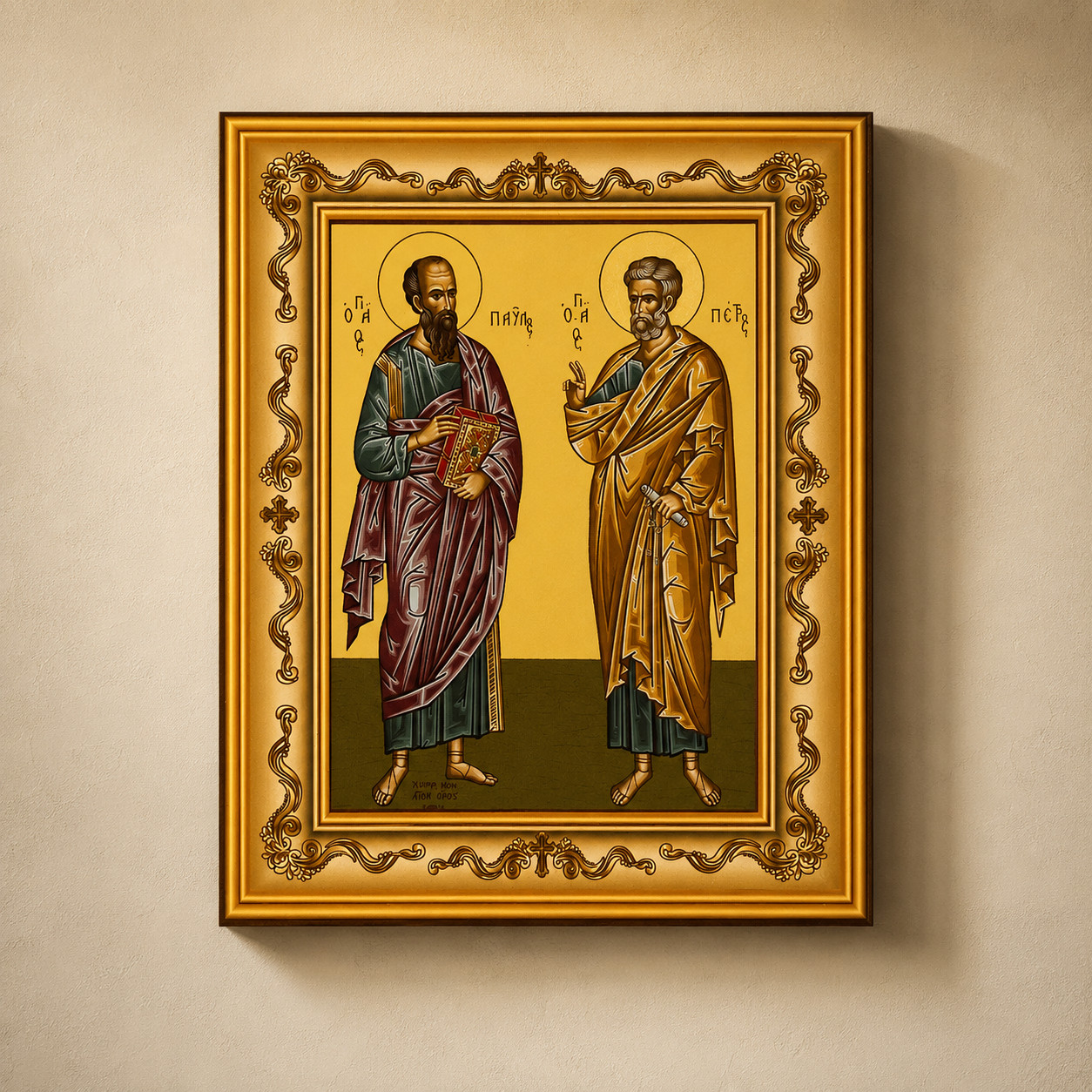 Holy Apostles Peter and Paul Greek Byzantine Icon in Gilded Wooden Frame
