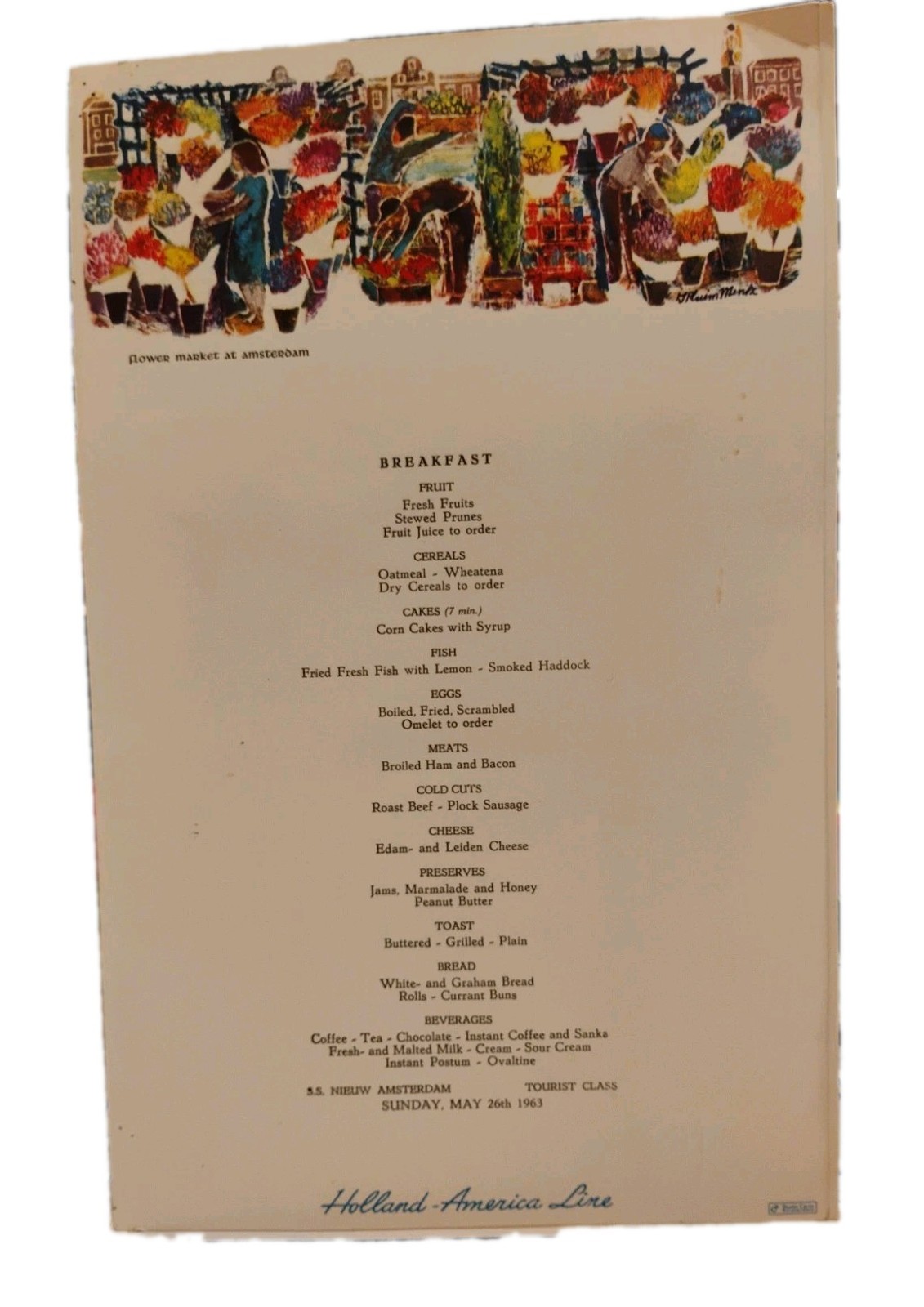 Vintage May 26th 1963 Holland America Line Nieuw Amsterdam Breakfast Menu Card