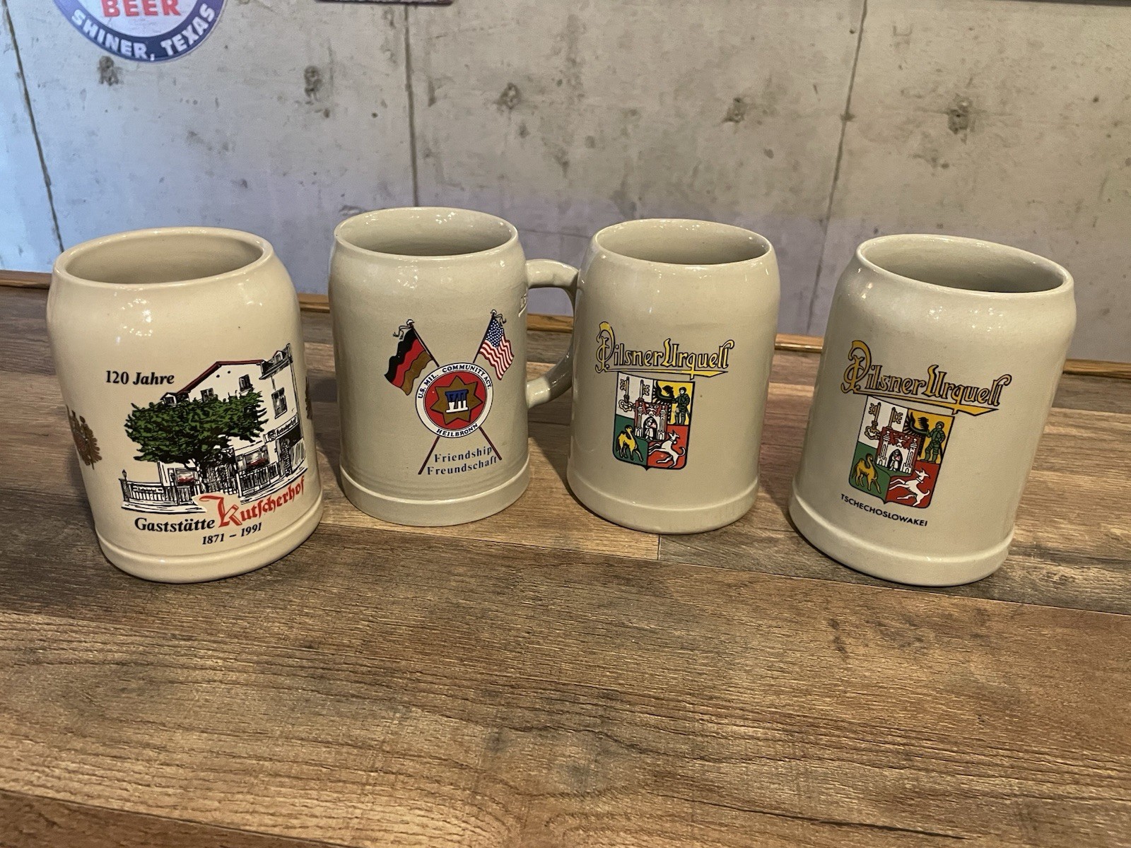 Lot of 4 Vintage German Beer Steins PilsnerUrquell Kluss Military Heilbronn 0.5L