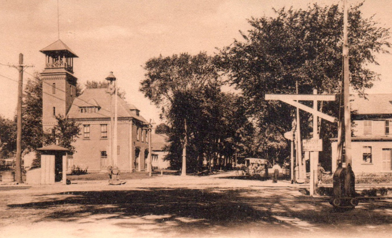 Easthampton MA Union Street Railroad Crossing Firehouse Postcard
