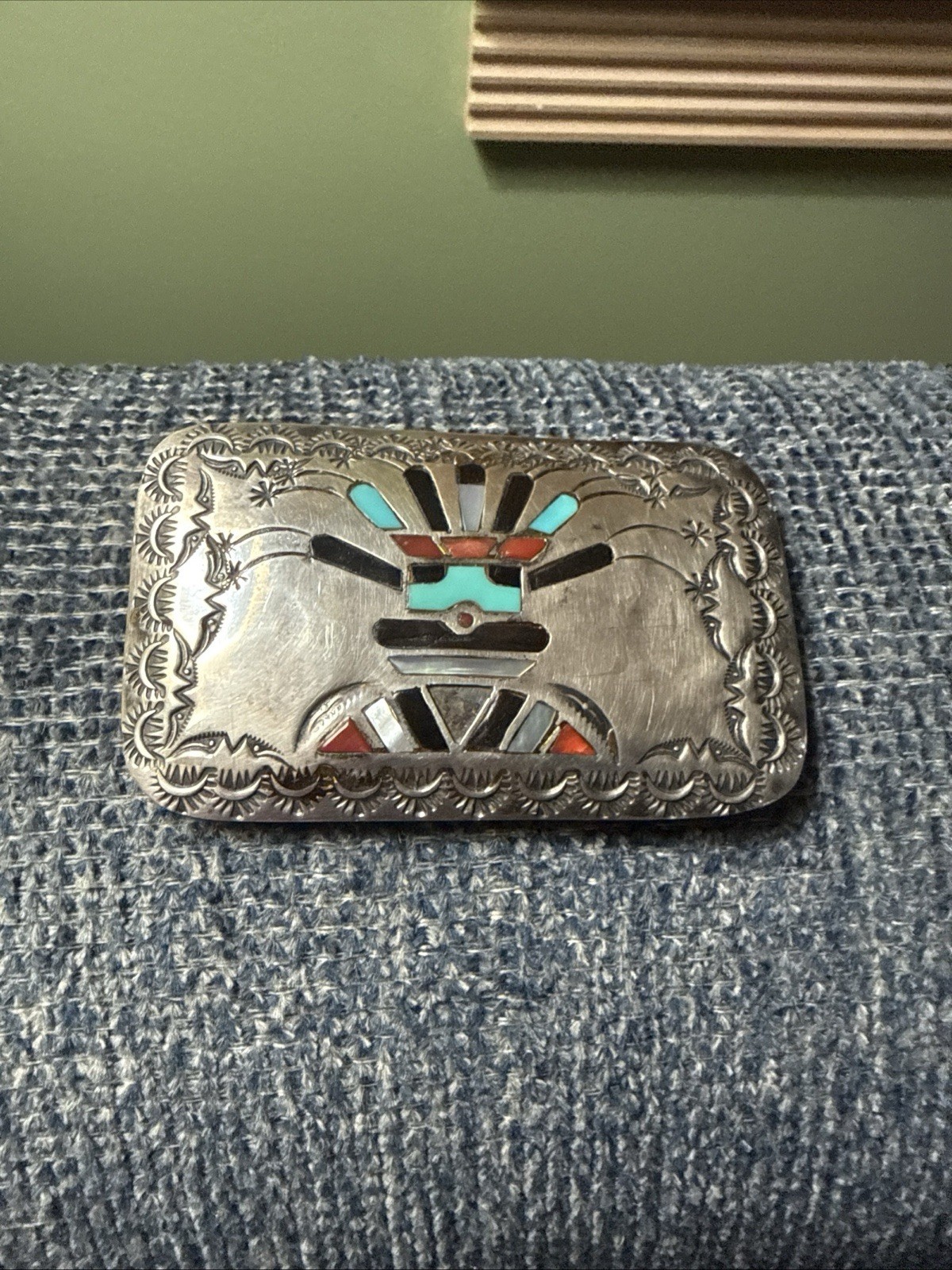 Sterling Silver Zuni or Navajo Craftsmanship Turquoise, Coral, M.of Pearl, Onyx 