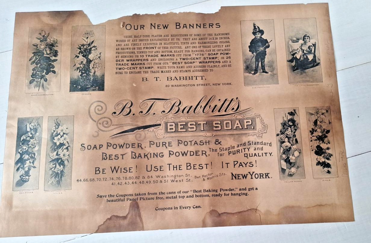 Antique 1890s B.T. Babbitt Best Soap Double-Sided Lithograph Roses 21x14